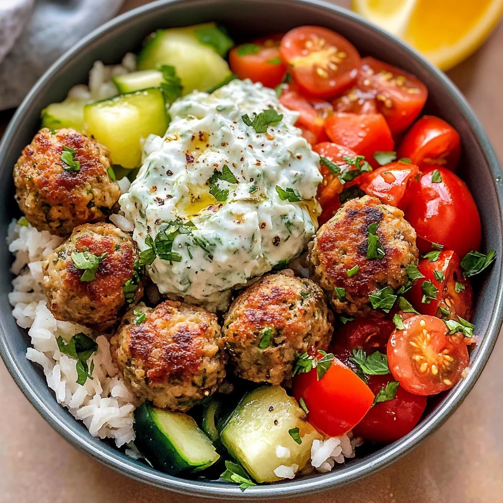 Greek Meatball Bowl with Tzatziki, Rice & Fresh Veggies