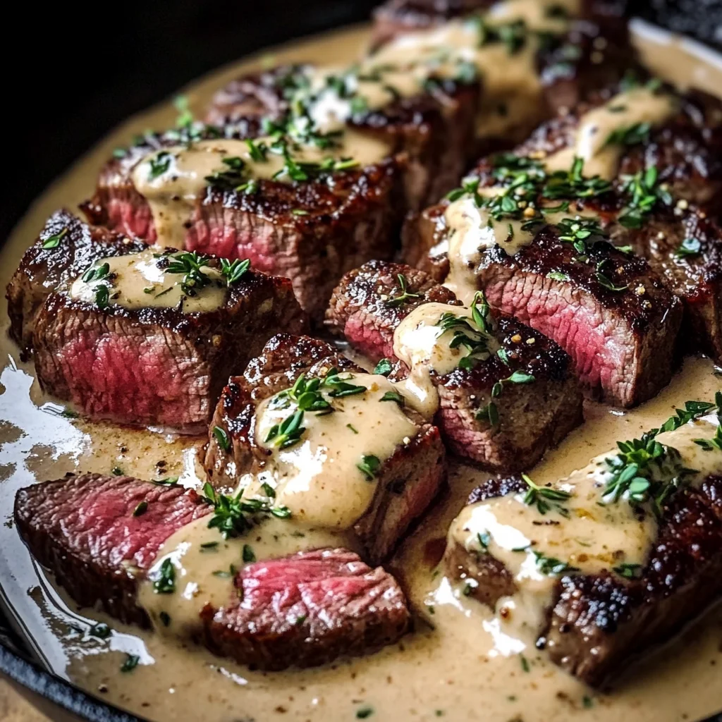 Cast Iron Bavette Steak with Whiskey Garlic Cream Sauce